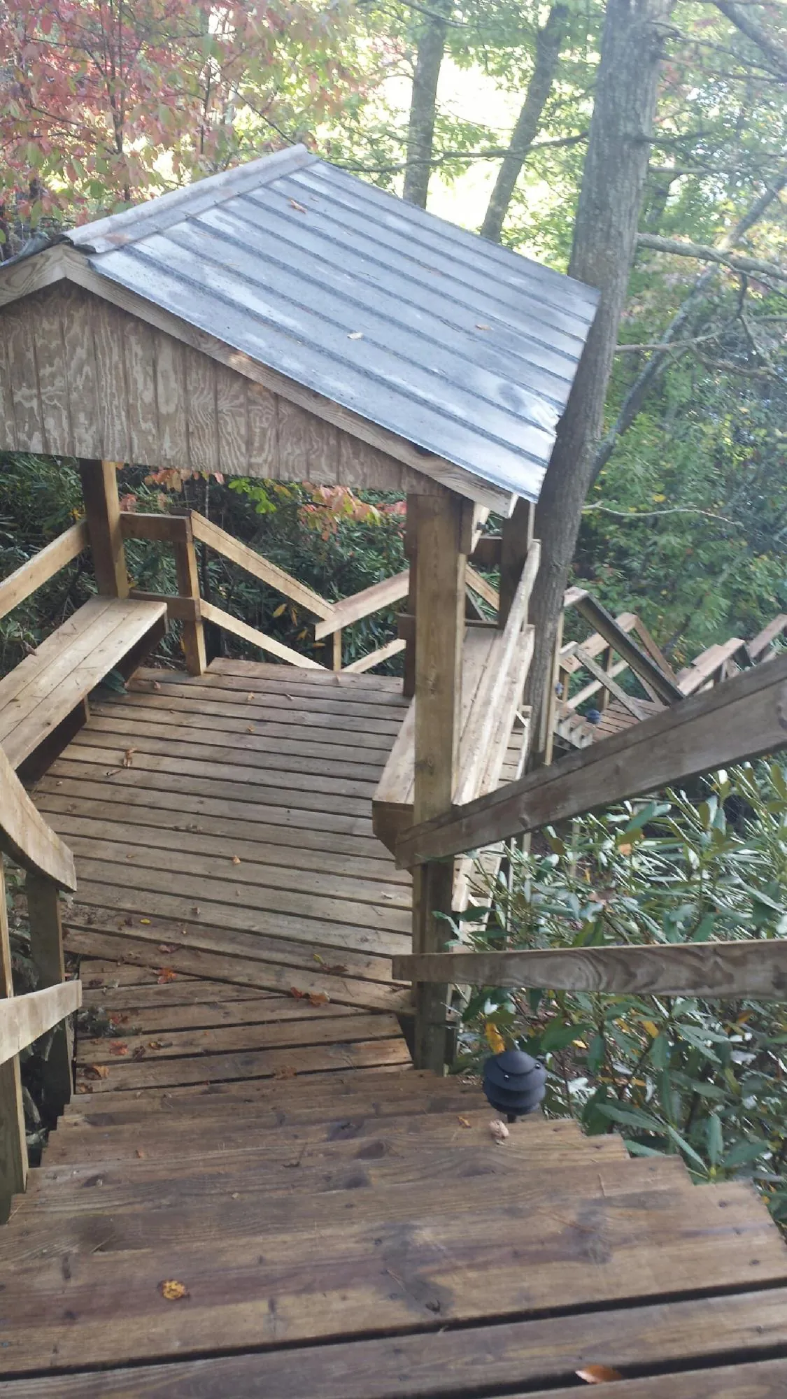 Metal roofed shelter over wooden steps on a wooded walkway — Skylight Repair & Installation work by our crew in Siloam